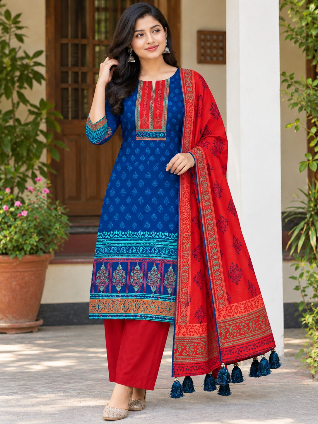 রয়েল ব্লু ও রেড কটন ব্লক থ্রি-পিস (Royal Blue & Red Cotton Block Three-Piece)