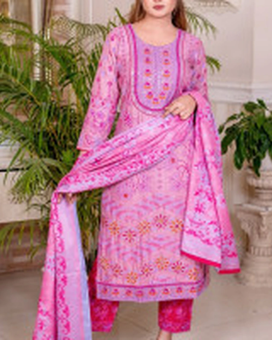 Premium Pink Embroidered Three-Piece