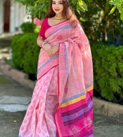 Pink Cotton Printed Saree