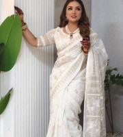 Ivory White Embroidered Saree