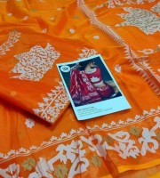 Orange White Printed Dress Material